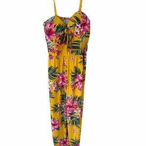 No Boundaries Womens XXL Tropical Floral Maxi Dress Yellow Pink Tie Front NWT